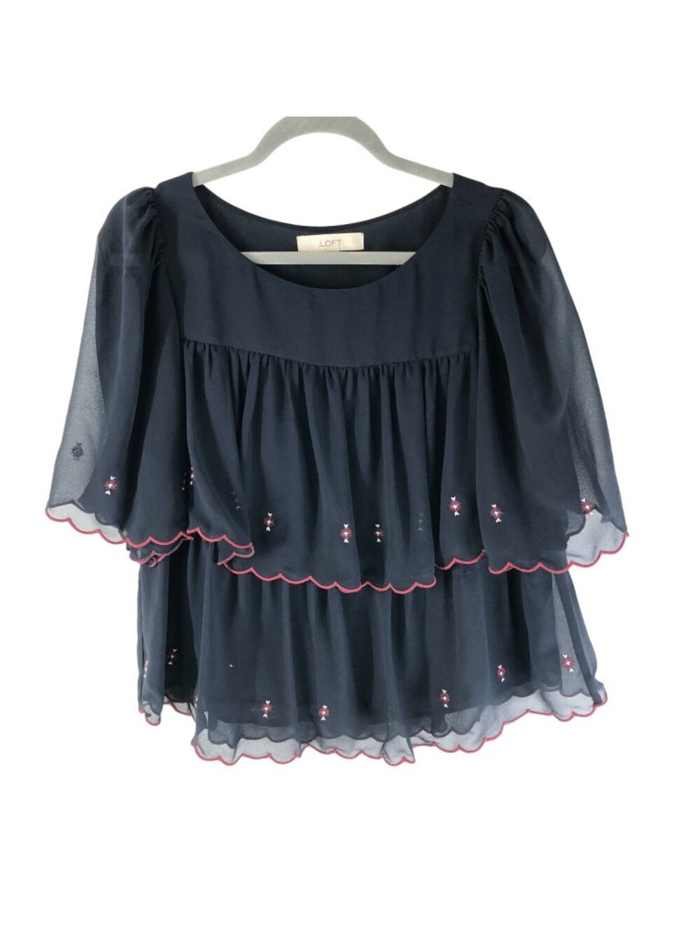 Ann Taylor LOFT Womens Blouse Top Ruffle Flowy Semi Sheer Pleated Black Size XS